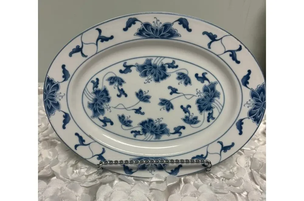 Vintage Tatung Durable China Blue Water Lily Oval Serving Platter #0517 Taiwan